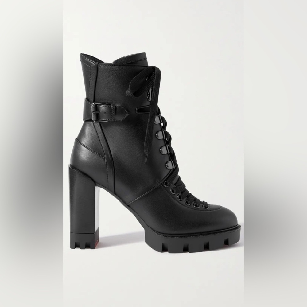 Christian Louboutin Macadamia 100 Buckled Leather Black Lace-Up Ankle Boots 41